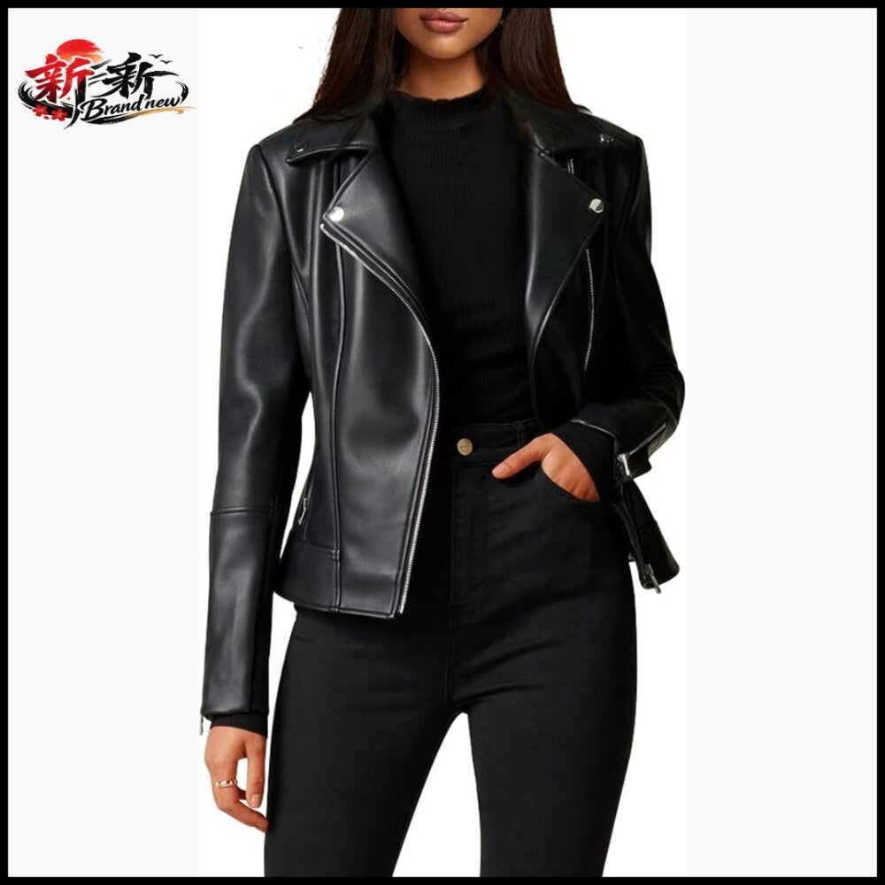 Buttery Soft Faux Leather Motorcycle Jacket, Stretchy Sleeve Asymmetrical